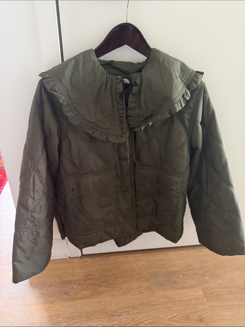 Ganni Olive Green Quilted Puffer with Ruffle Collar